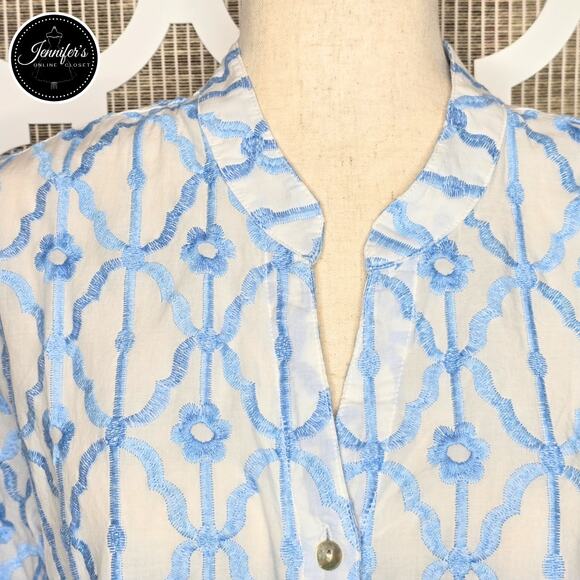 Ruby Rd. Blue & White Embroidered Trellis Pattern Button Front Blouse Size XL - Picture 9 of 14